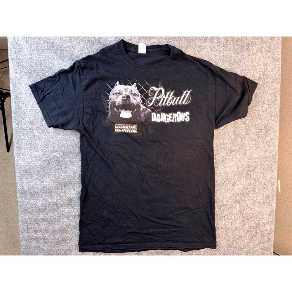Fruit of the Loom Pitbull Beware Dangerous Graphic T-Shirt Mens M Black Cotton - Picture 2 of 5